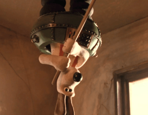 "Whats the matter buddy? You never seen a dog wearing braces painting a ceiling while being suspended by a pair of robot pants before?"